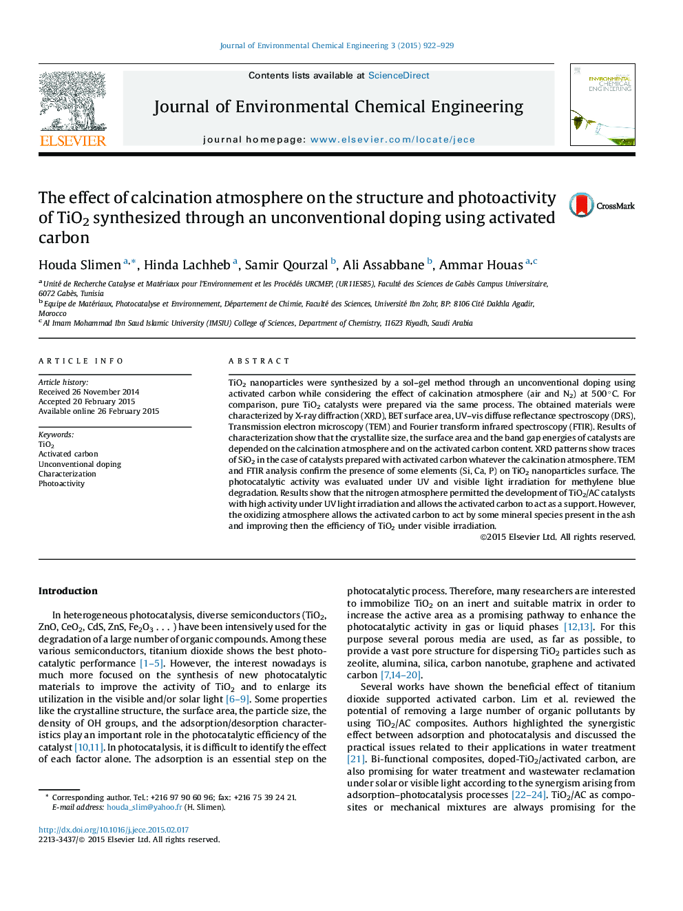 The effect of calcination atmosphere on the structure and photoactivity of TiO2 synthesized through an unconventional doping using activated carbon