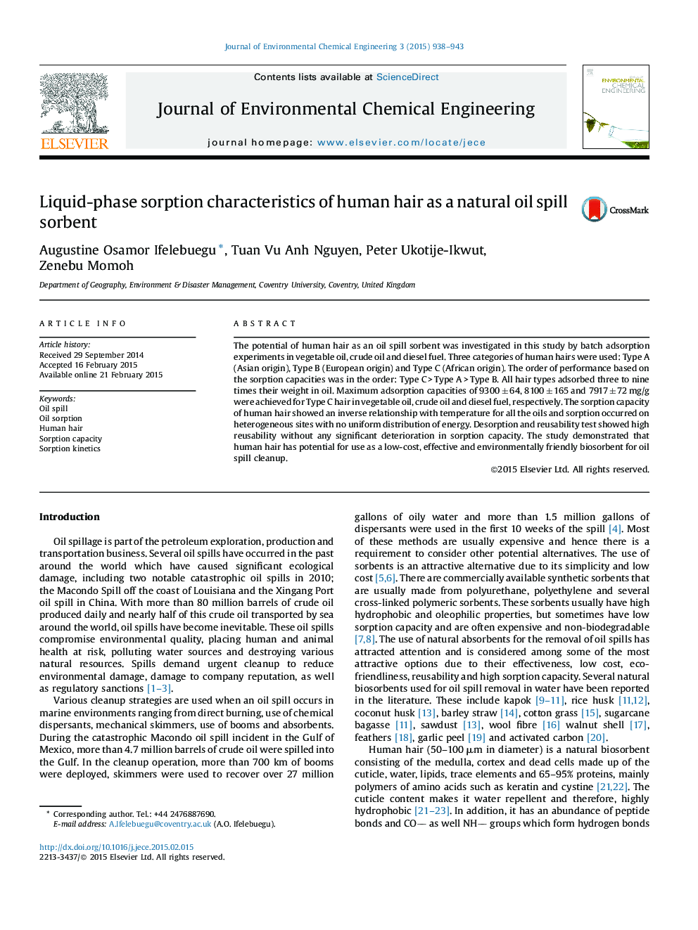 Liquid-phase sorption characteristics of human hair as a natural oil spill sorbent