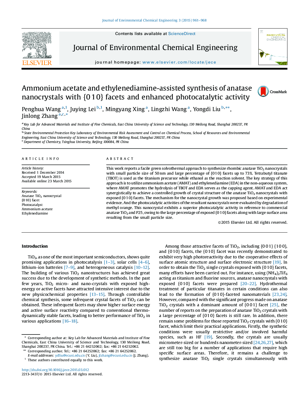 Ammonium acetate and ethylenediamine-assisted synthesis of anatase nanocrystals with {0 1 0} facets and enhanced photocatalytic activity