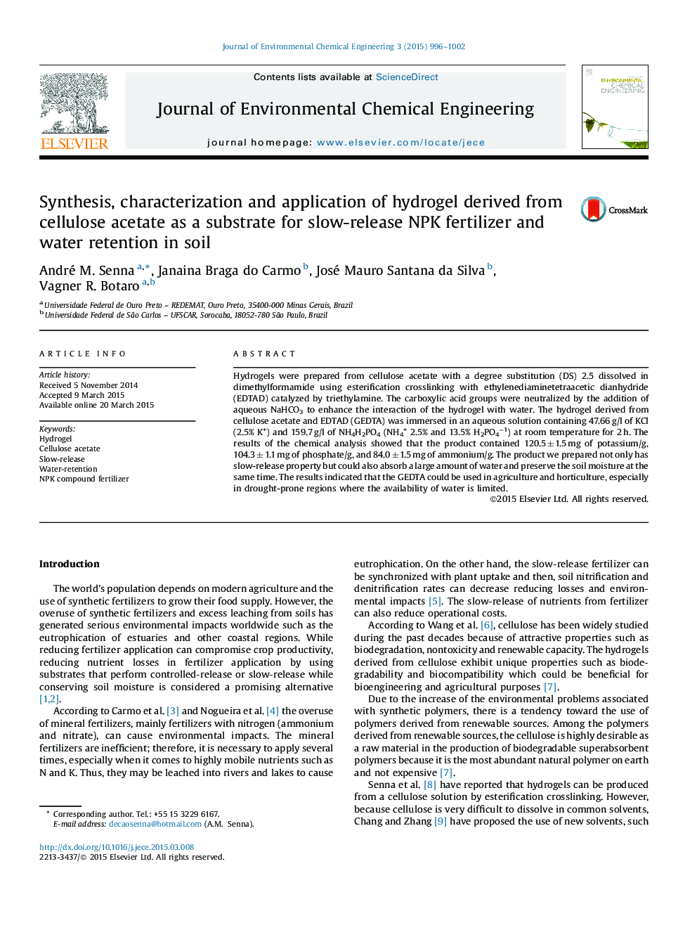 Synthesis, characterization and application of hydrogel derived from cellulose acetate as a substrate for slow-release NPK fertilizer and water retention in soil