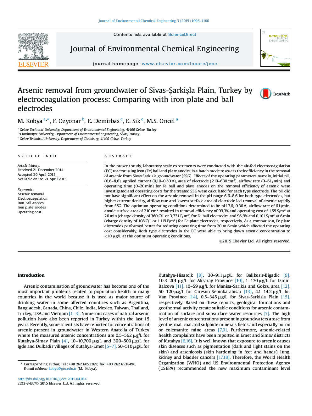 Arsenic removal from groundwater of Sivas-Şarkişla Plain, Turkey by electrocoagulation process: Comparing with iron plate and ball electrodes