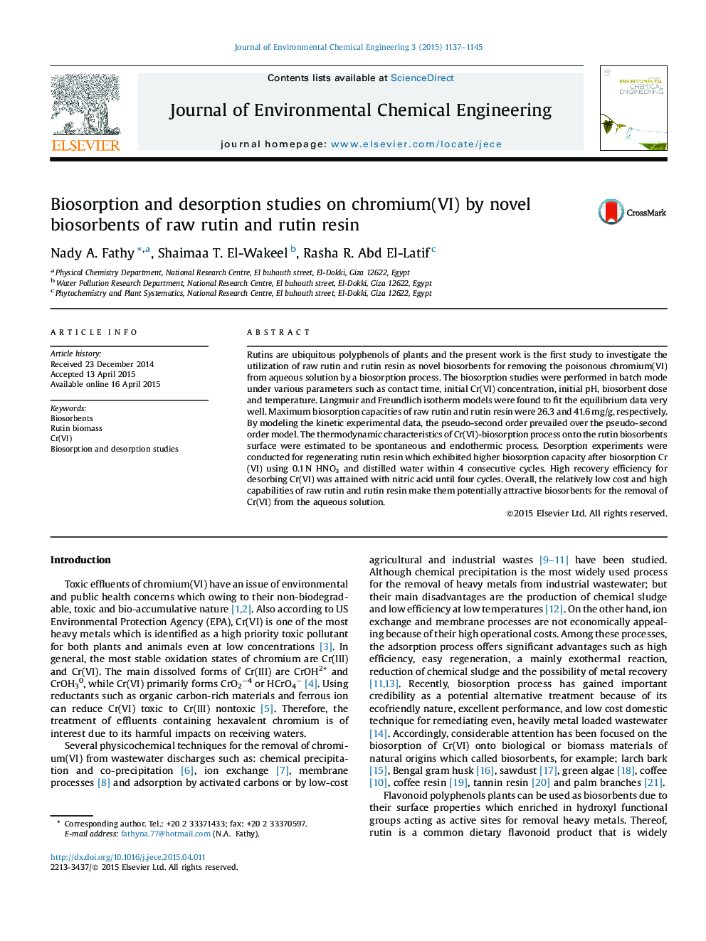 Biosorption and desorption studies on chromium(VI) by novel biosorbents of raw rutin and rutin resin