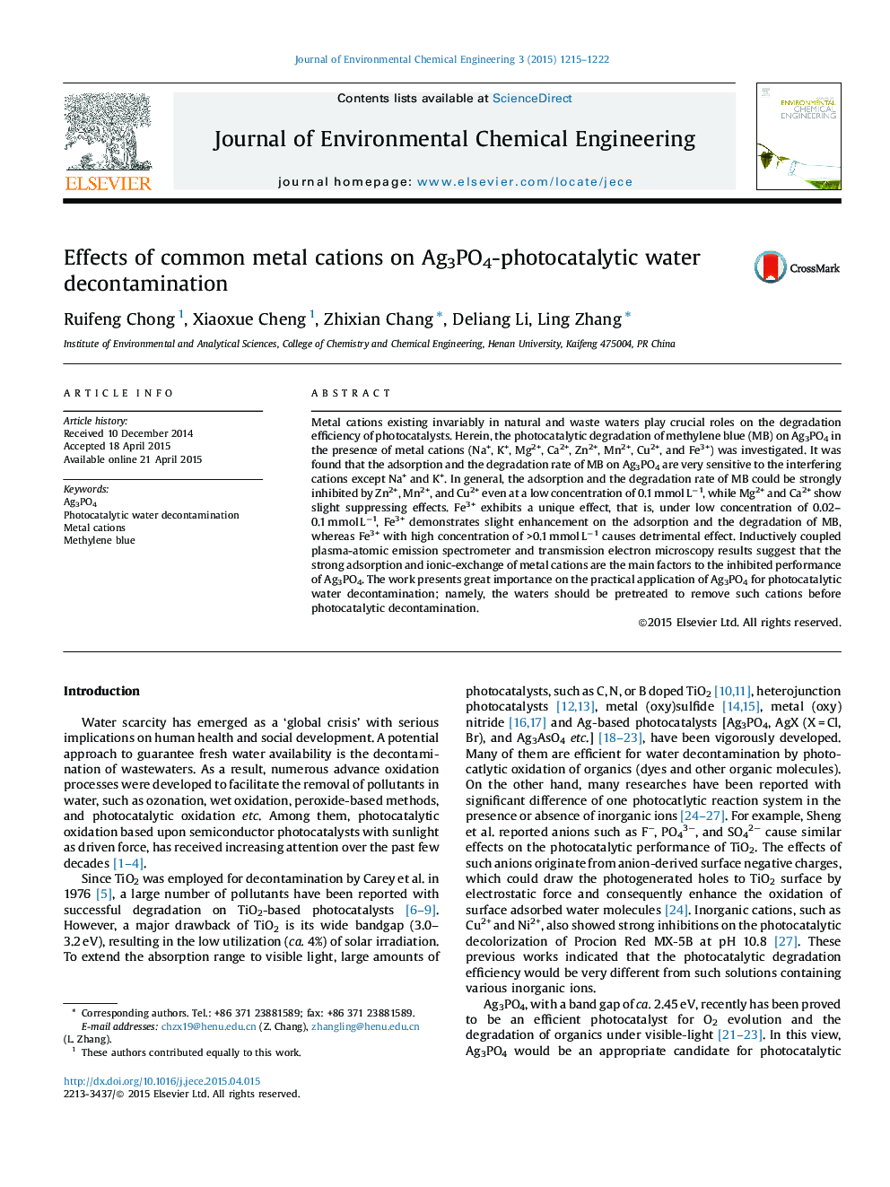 Effects of common metal cations on Ag3PO4-photocatalytic water decontamination