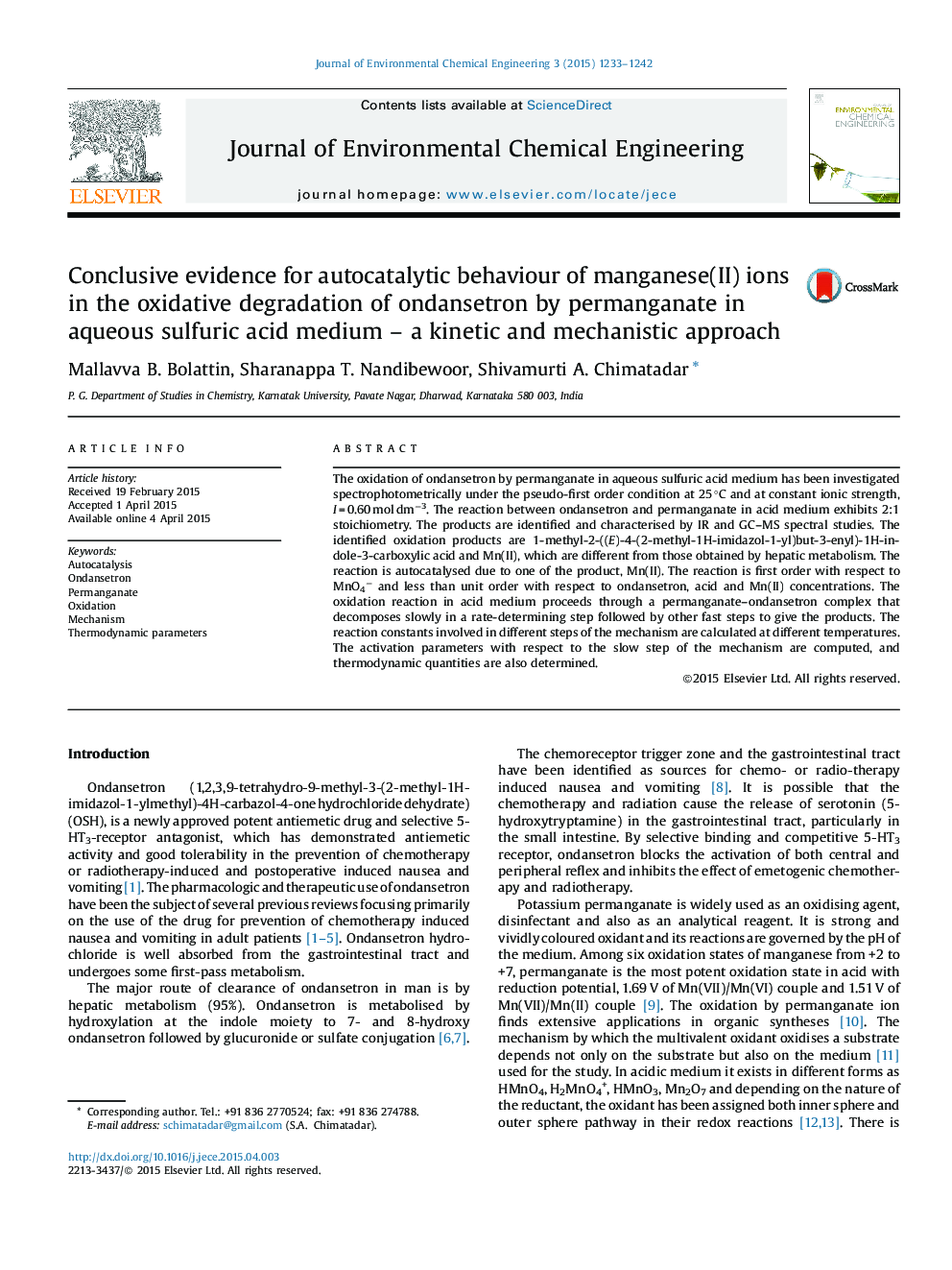 Conclusive evidence for autocatalytic behaviour of manganese(II) ions in the oxidative degradation of ondansetron by permanganate in aqueous sulfuric acid medium – a kinetic and mechanistic approach