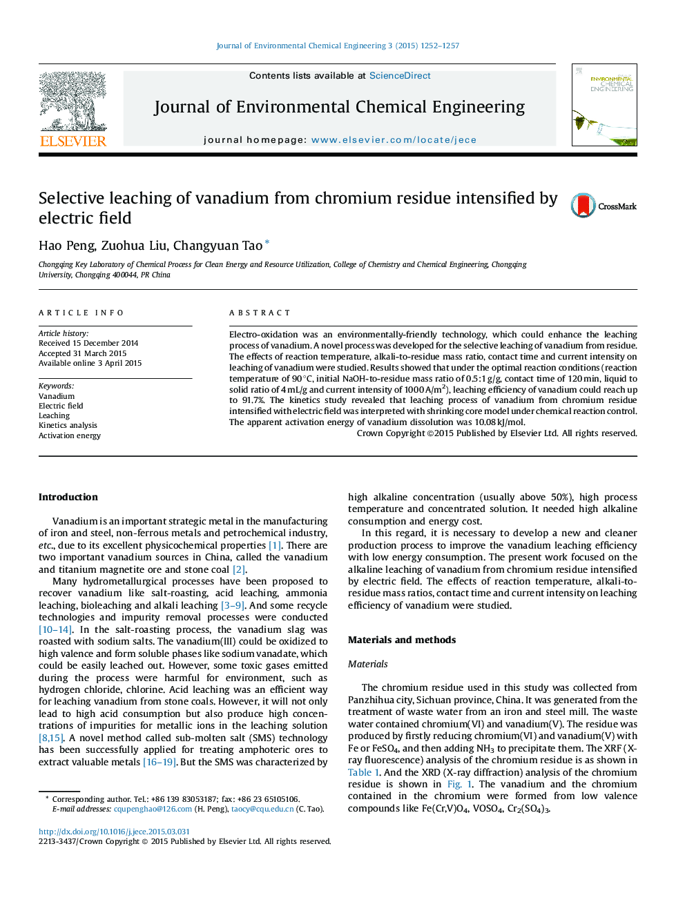 Selective leaching of vanadium from chromium residue intensified by electric field