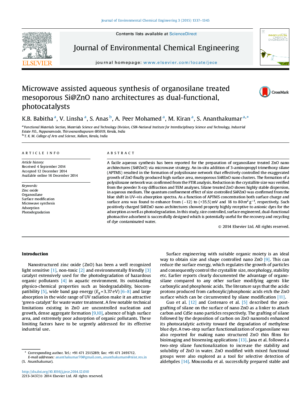 Microwave assisted aqueous synthesis of organosilane treated mesoporous Si@ZnO nano architectures as dual-functional, photocatalysts