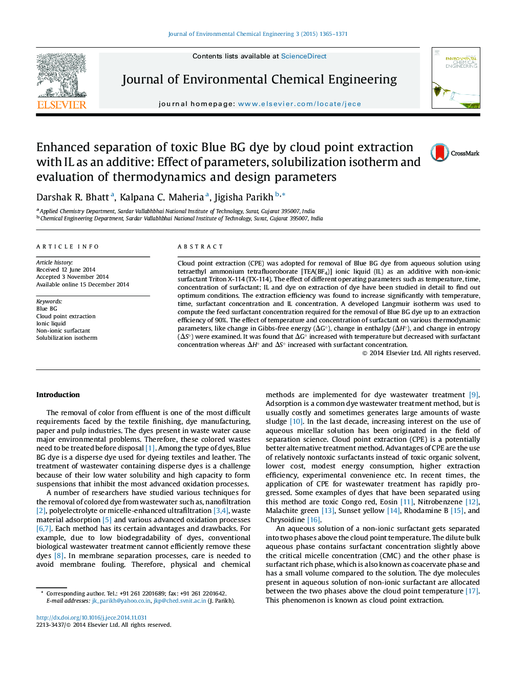 Enhanced separation of toxic Blue BG dye by cloud point extraction with IL as an additive: Effect of parameters, solubilization isotherm and evaluation of thermodynamics and design parameters