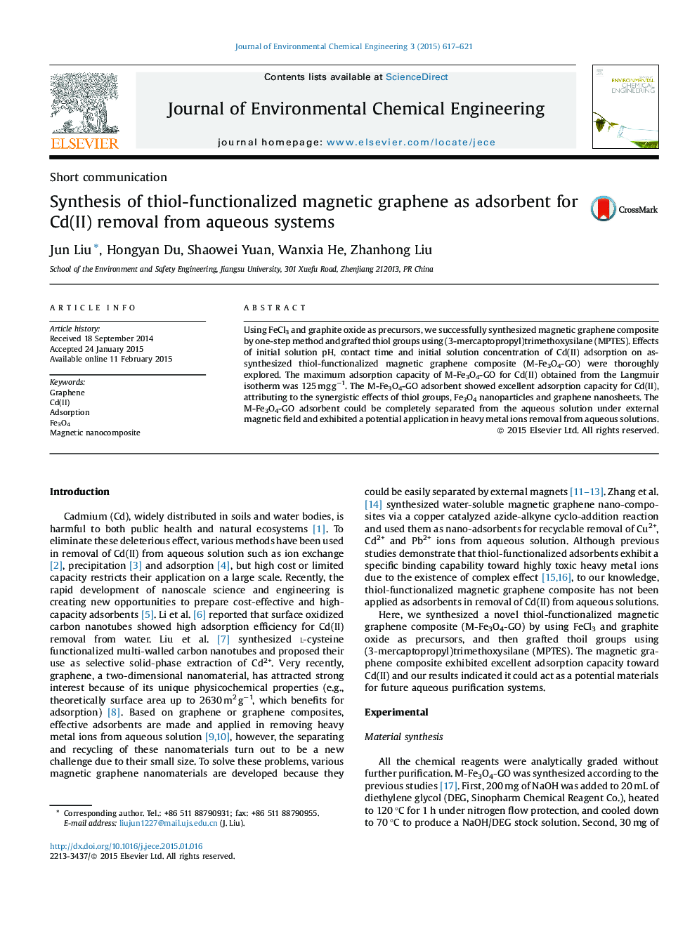 Synthesis of thiol-functionalized magnetic graphene as adsorbent for Cd(II) removal from aqueous systems