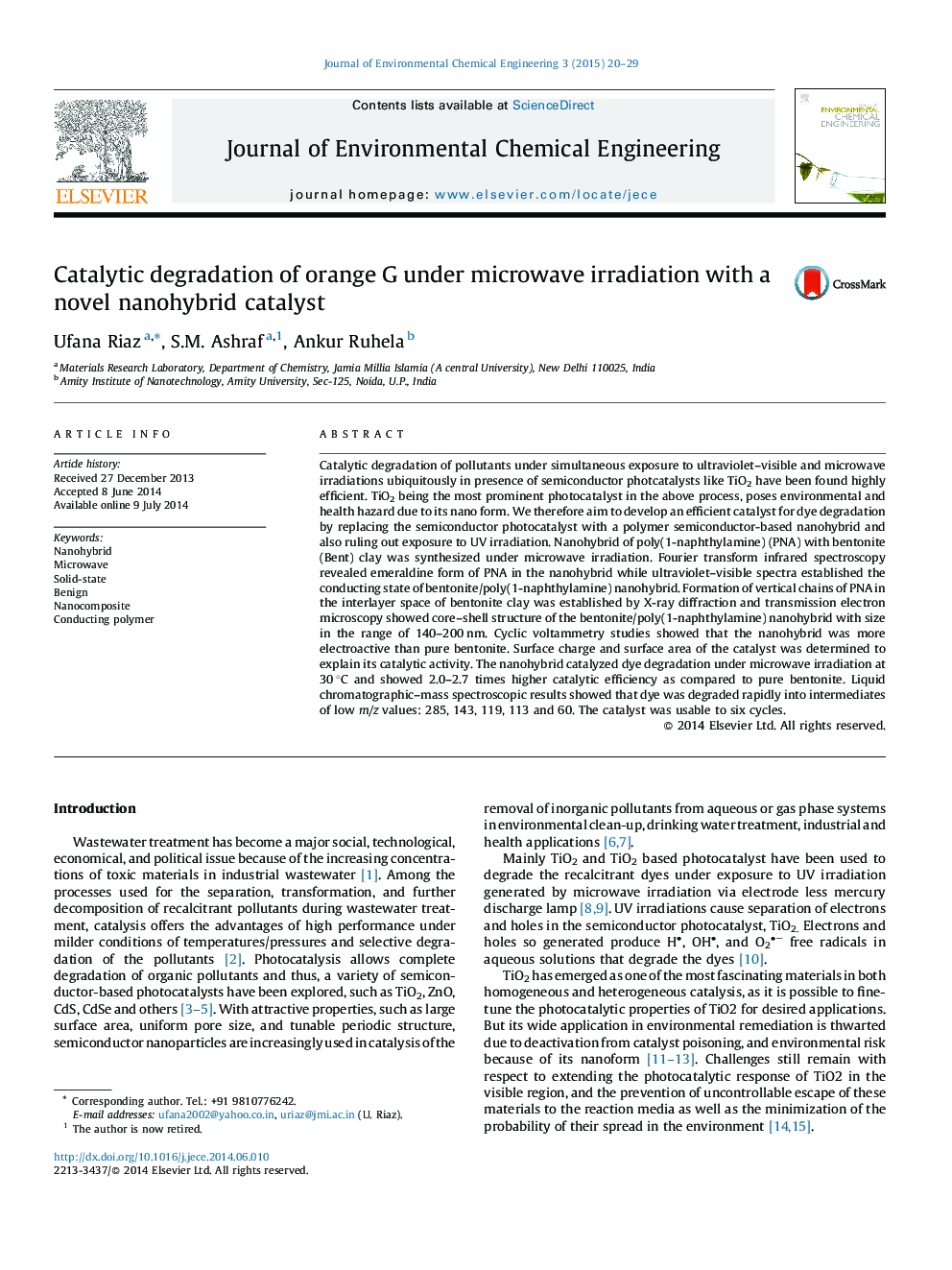 Catalytic degradation of orange G under microwave irradiation with a novel nanohybrid catalyst