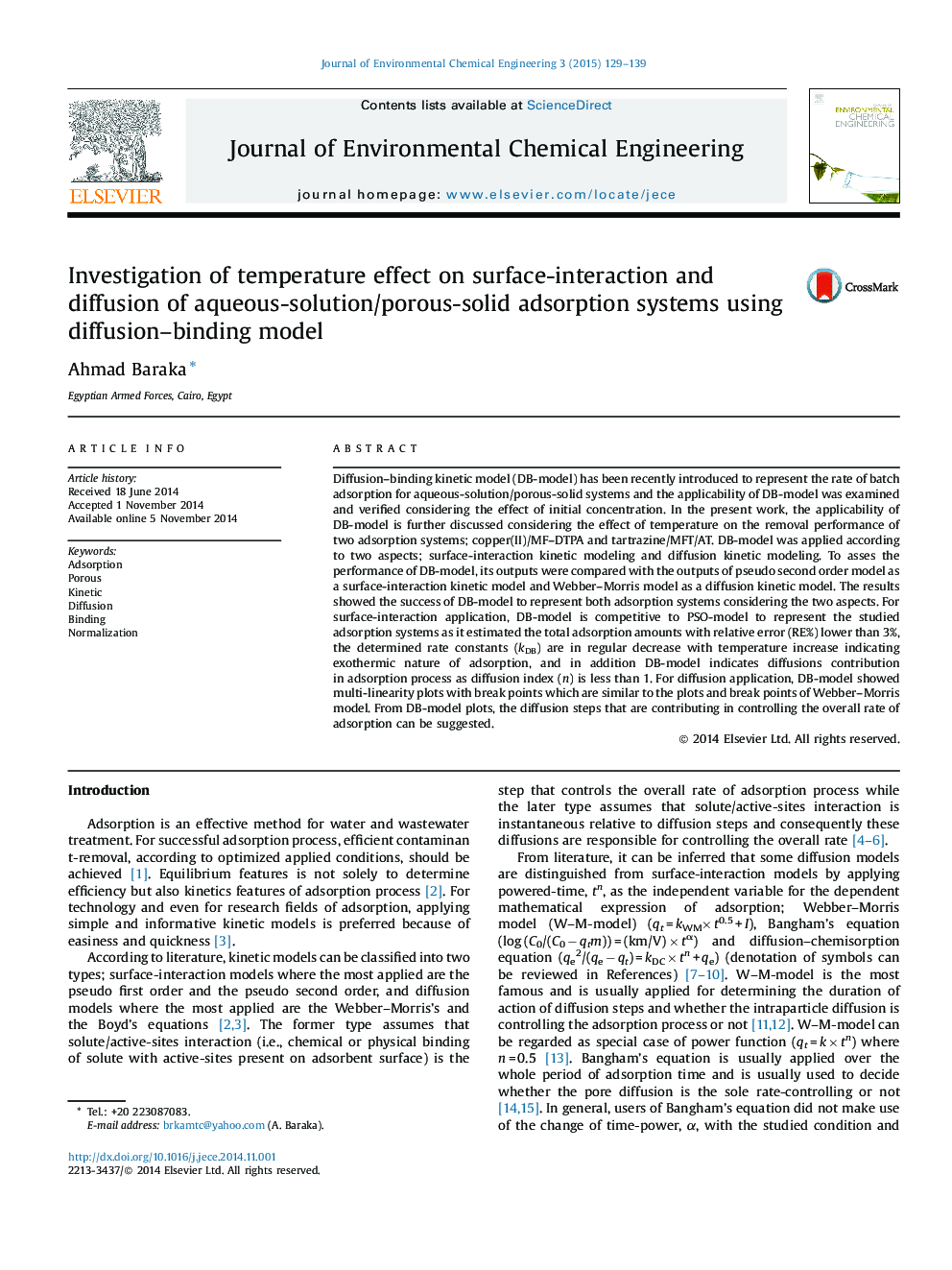 Investigation of temperature effect on surface-interaction and diffusion of aqueous-solution/porous-solid adsorption systems using diffusion–binding model