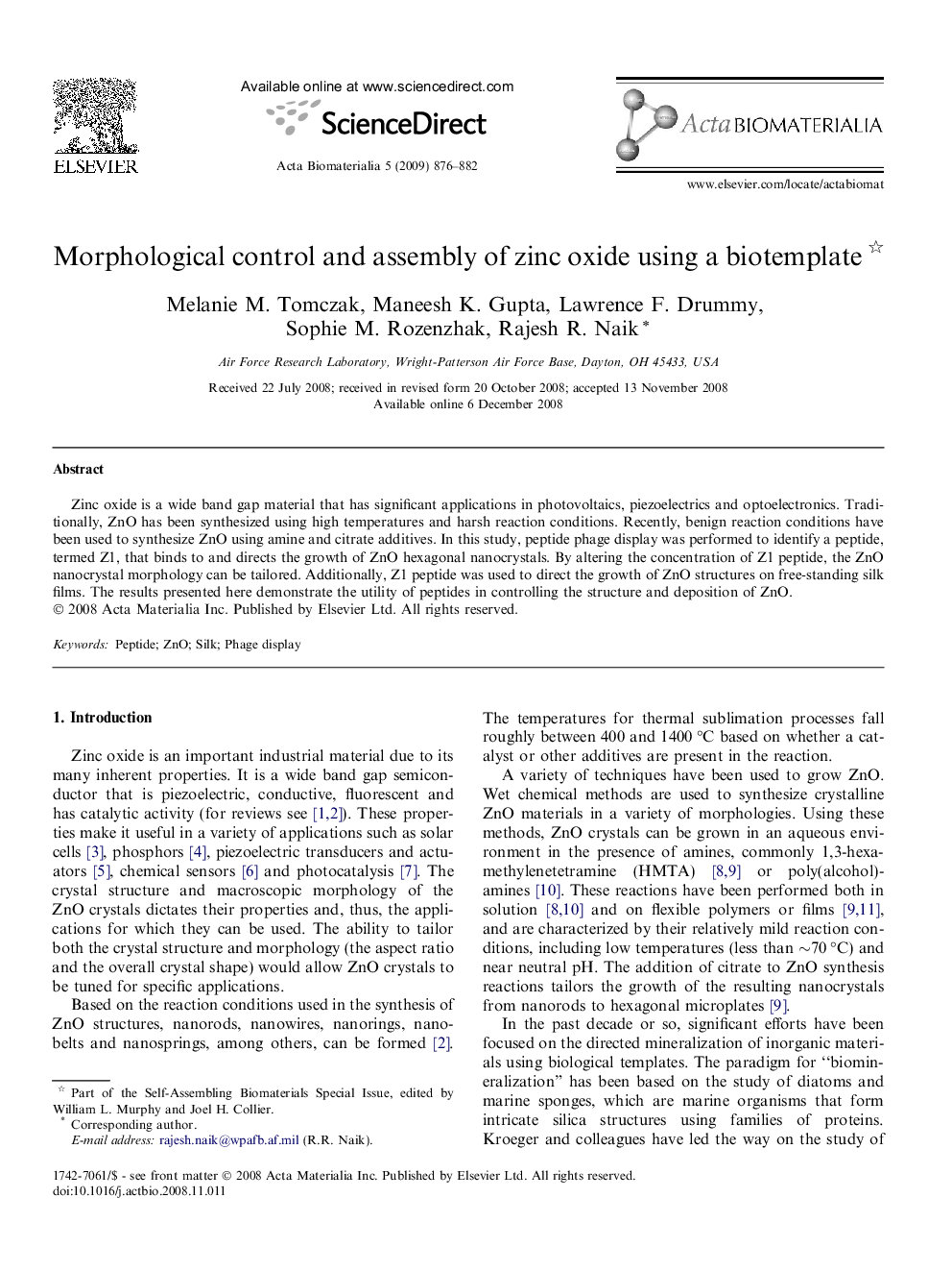 Morphological control and assembly of zinc oxide using a biotemplate 