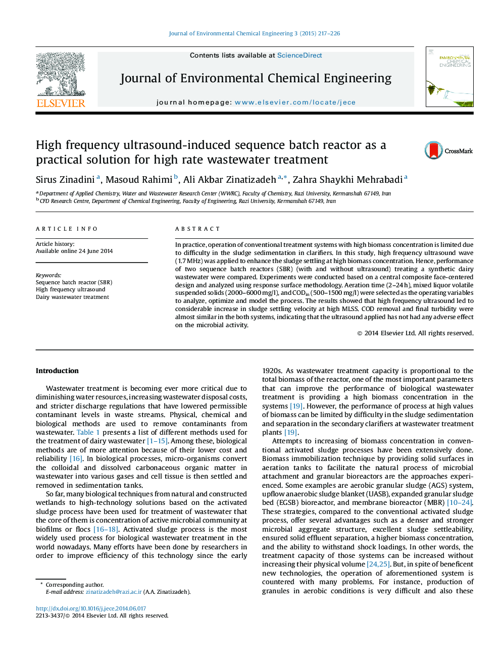 High frequency ultrasound-induced sequence batch reactor as a practical solution for high rate wastewater treatment