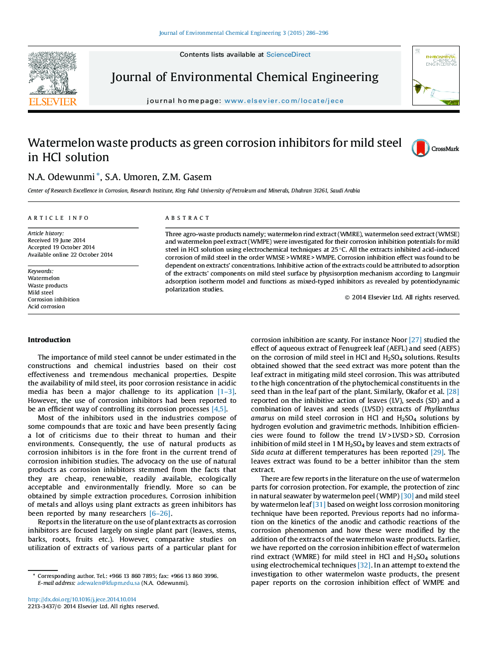 عکس صفحه اول مقاله: Watermelon waste products as green corrosion inhibitors for mild steel in HCl solution Watermelon waste products as green corrosion inhibitors for mild steel in HCl solution