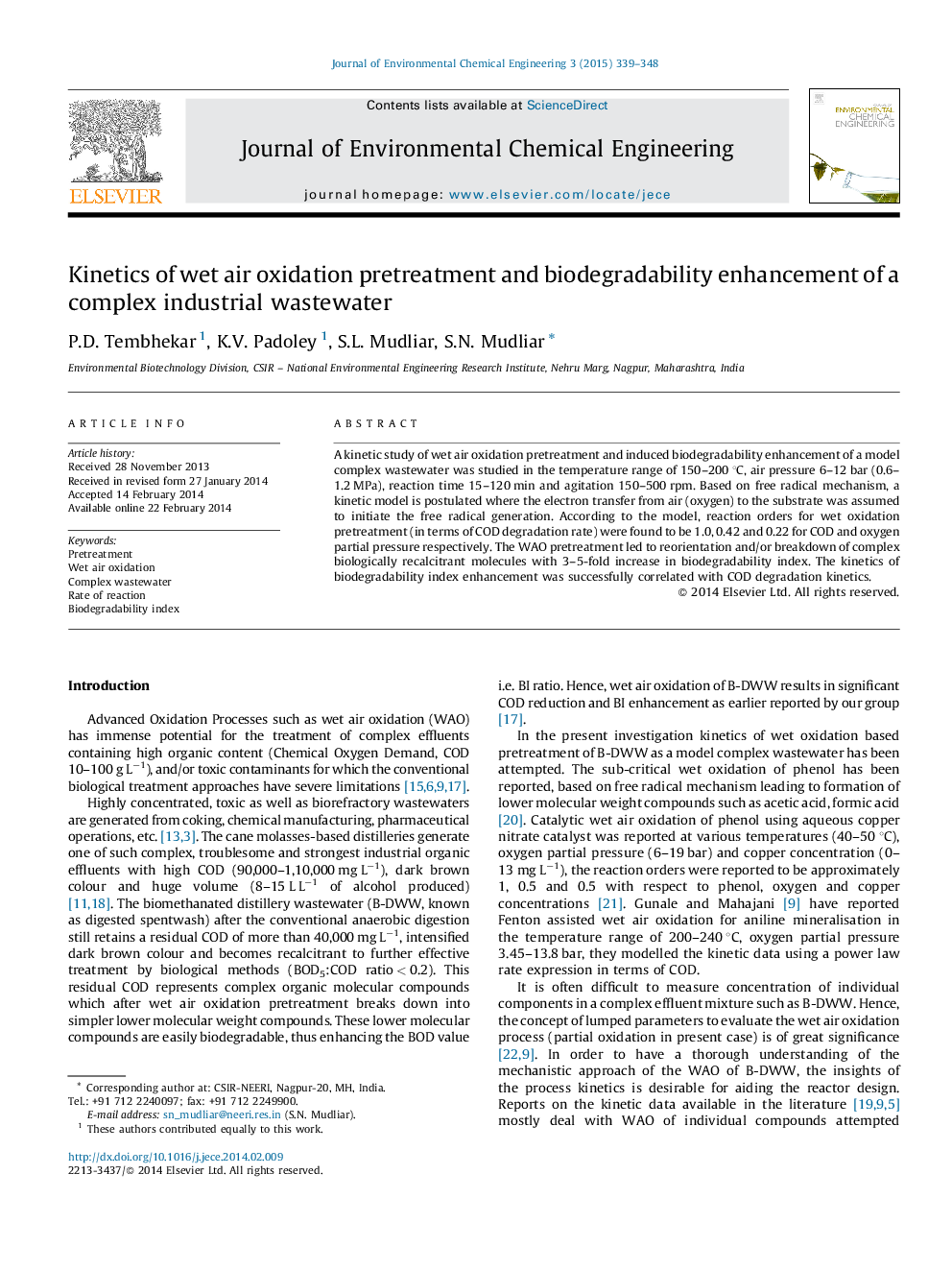 Kinetics of wet air oxidation pretreatment and biodegradability enhancement of a complex industrial wastewater