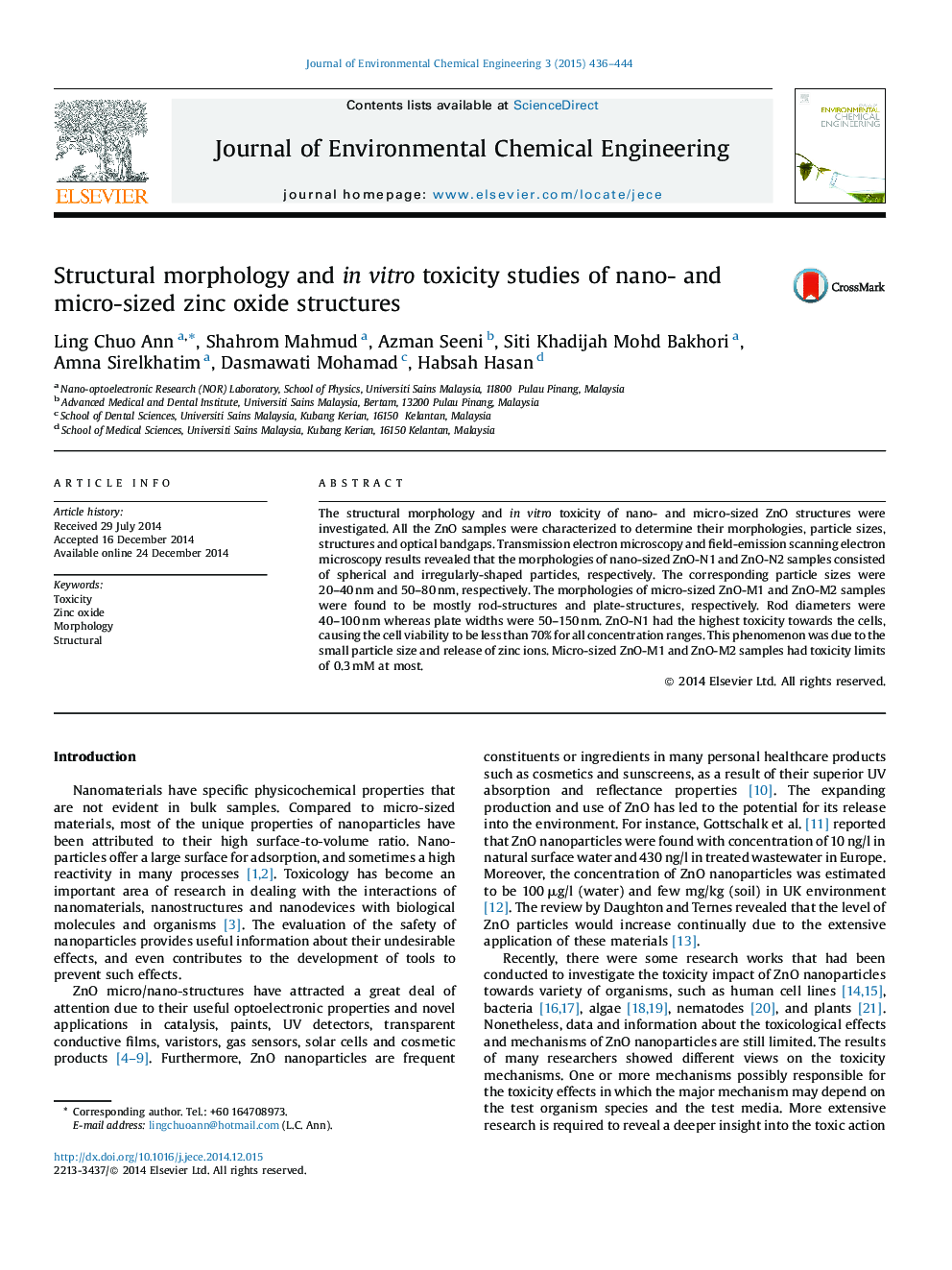 Structural morphology and in vitro toxicity studies of nano- and micro-sized zinc oxide structures