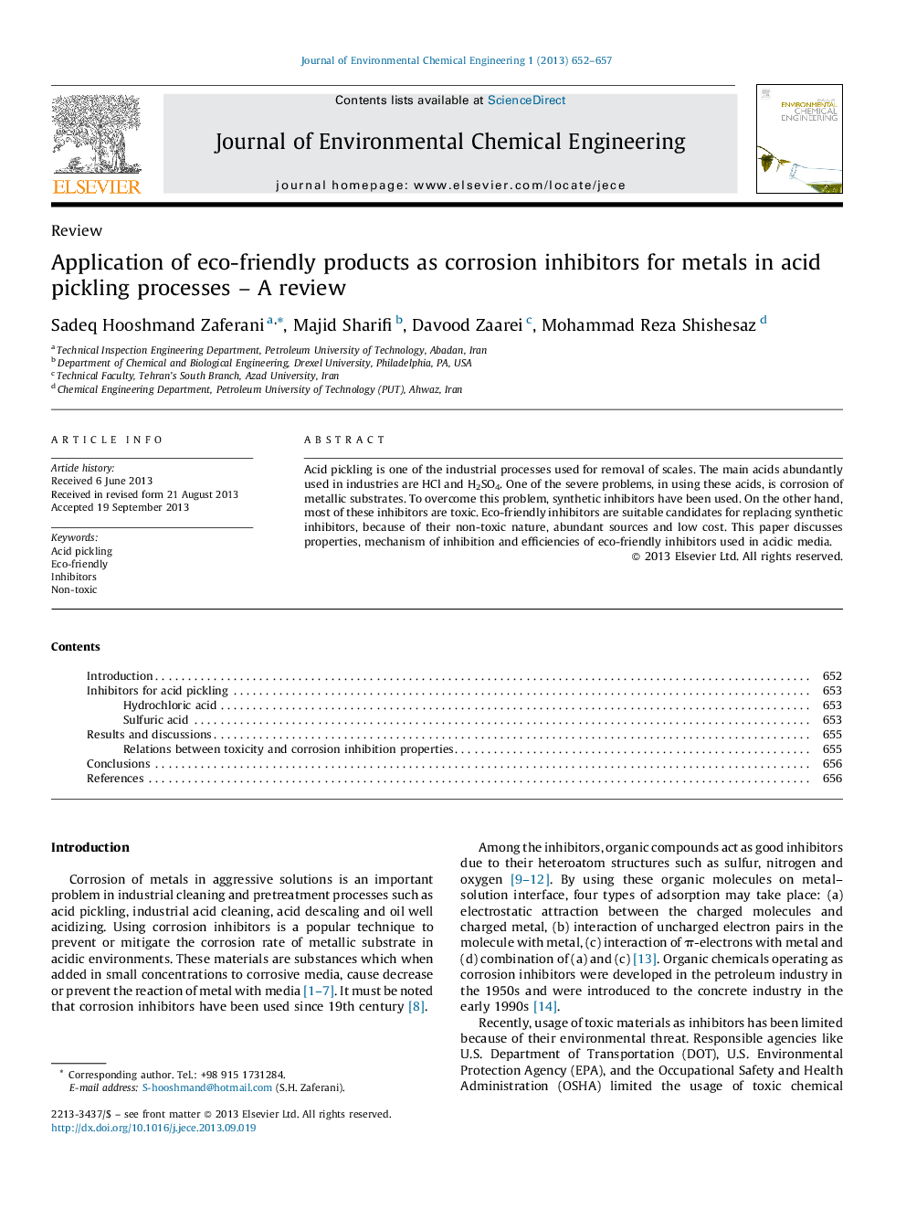 Application of eco-friendly products as corrosion inhibitors for metals in acid pickling processes – A review