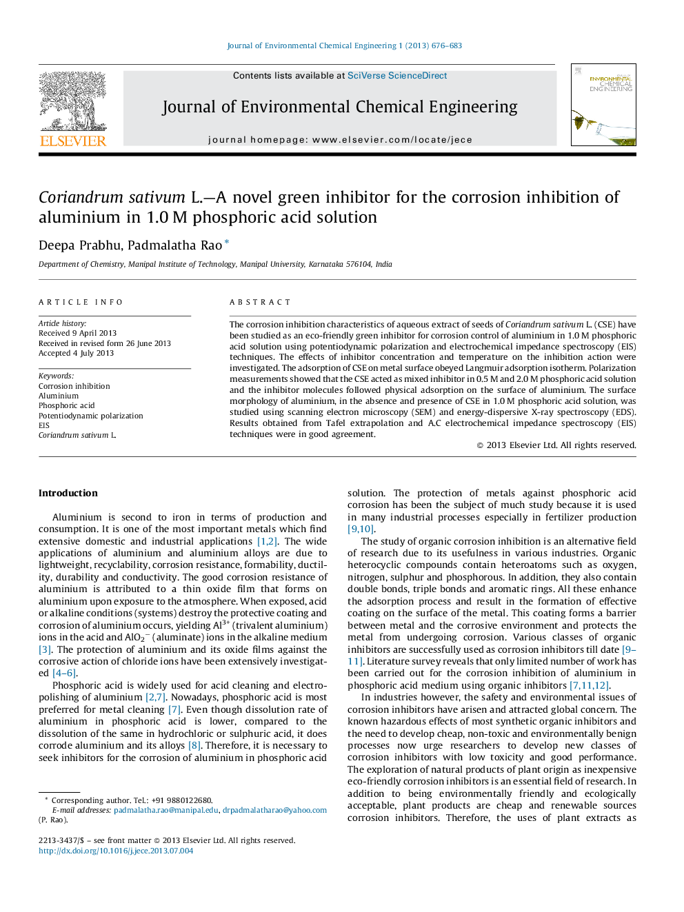 Coriandrum sativum L.—A novel green inhibitor for the corrosion inhibition of aluminium in 1.0 M phosphoric acid solution