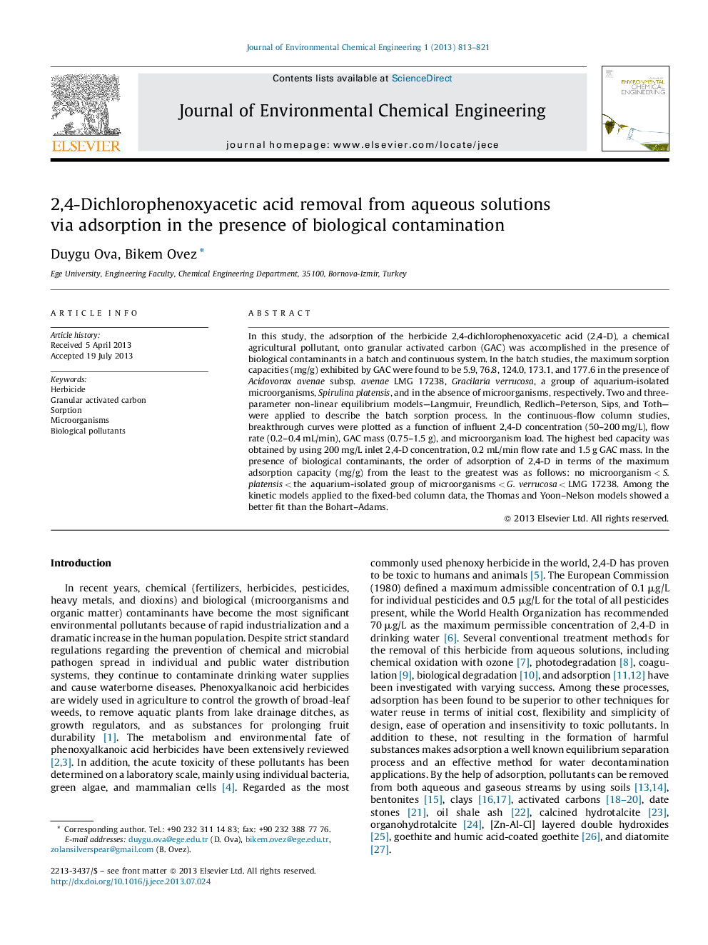 2,4-Dichlorophenoxyacetic acid removal from aqueous solutions via adsorption in the presence of biological contamination