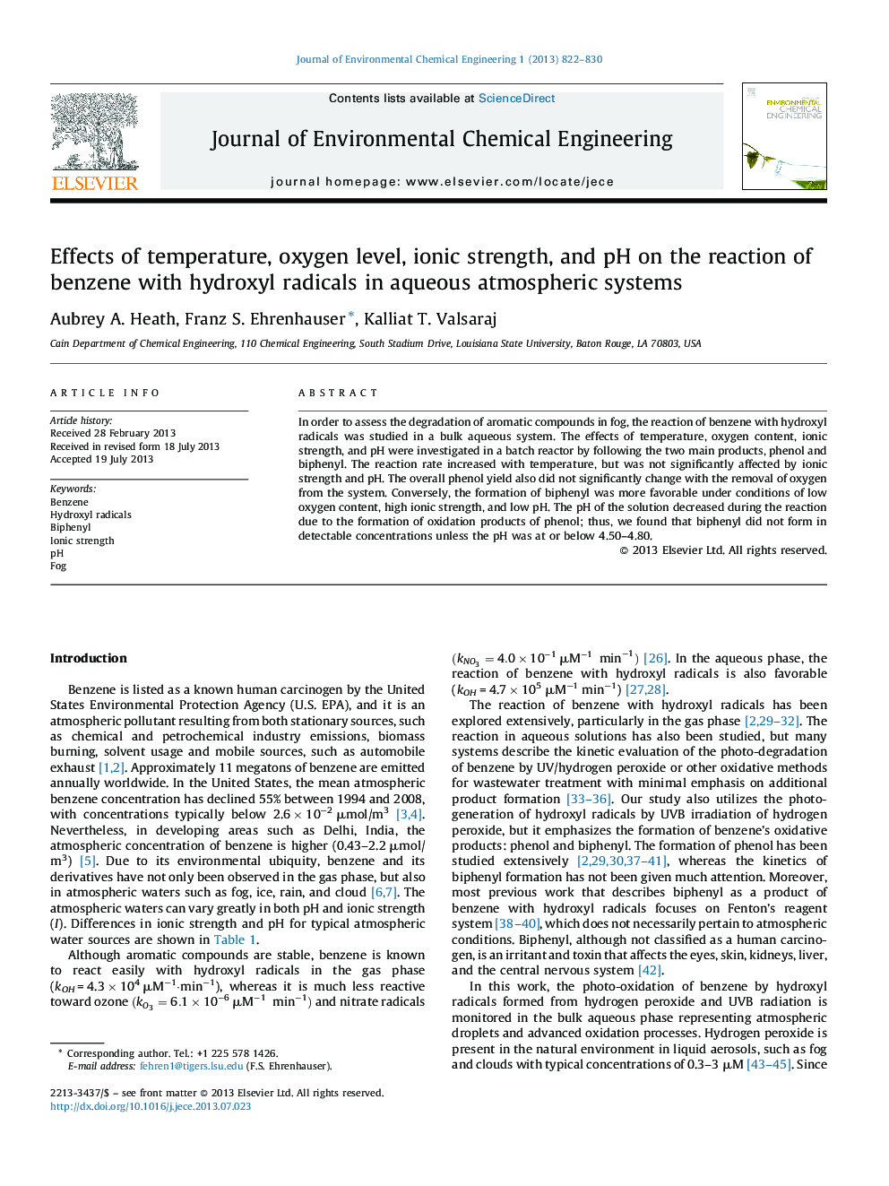 Effects of temperature, oxygen level, ionic strength, and pH on the reaction of benzene with hydroxyl radicals in aqueous atmospheric systems