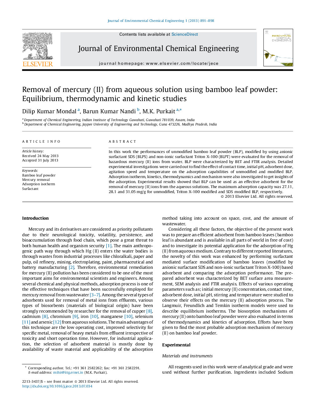 Removal of mercury (II) from aqueous solution using bamboo leaf powder: Equilibrium, thermodynamic and kinetic studies