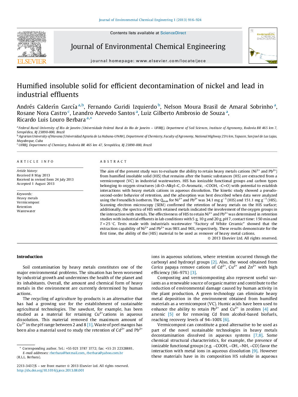 Humified insoluble solid for efficient decontamination of nickel and lead in industrial effluents