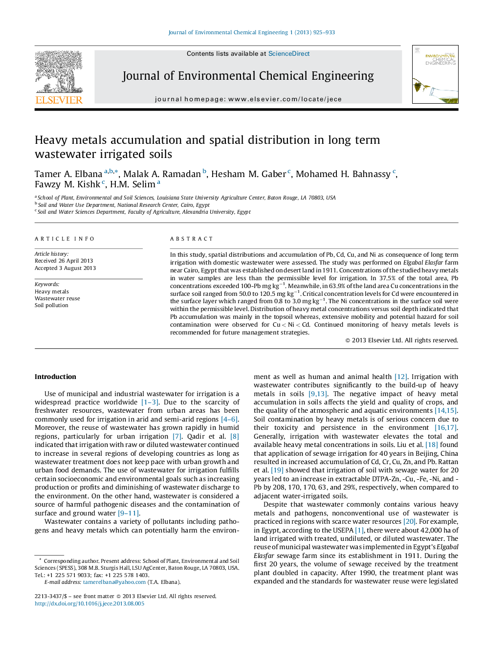 Heavy metals accumulation and spatial distribution in long term wastewater irrigated soils