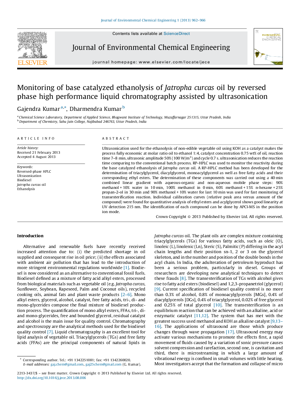 Monitoring of base catalyzed ethanolysis of Jatropha curcas oil by reversed phase high performance liquid chromatography assisted by ultrasonication