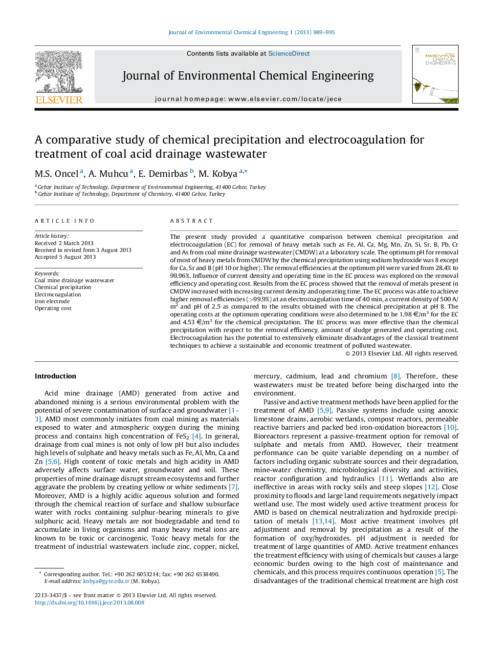 A comparative study of chemical precipitation and electrocoagulation for treatment of coal acid drainage wastewater