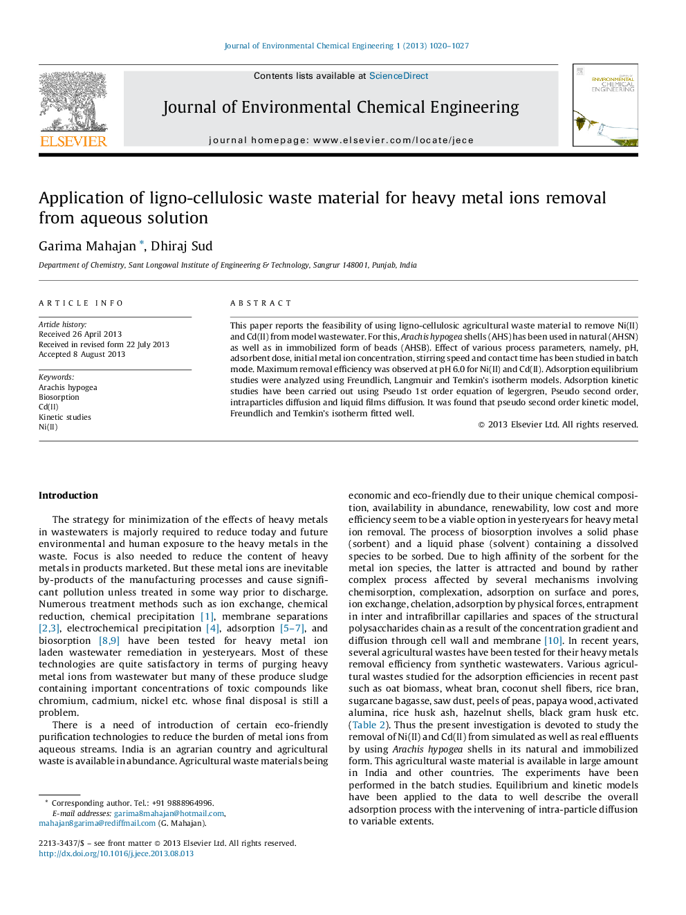 Application of ligno-cellulosic waste material for heavy metal ions removal from aqueous solution