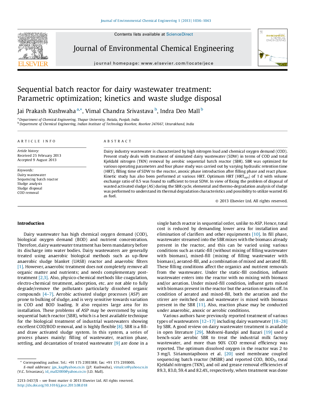 Sequential batch reactor for dairy wastewater treatment: Parametric optimization; kinetics and waste sludge disposal