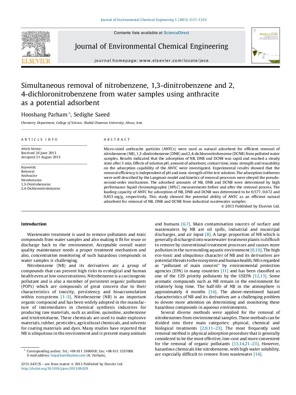 Simultaneous removal of nitrobenzene, 1,3-dinitrobenzene and 2,4-dichloronitrobenzene from water samples using anthracite as a potential adsorbent