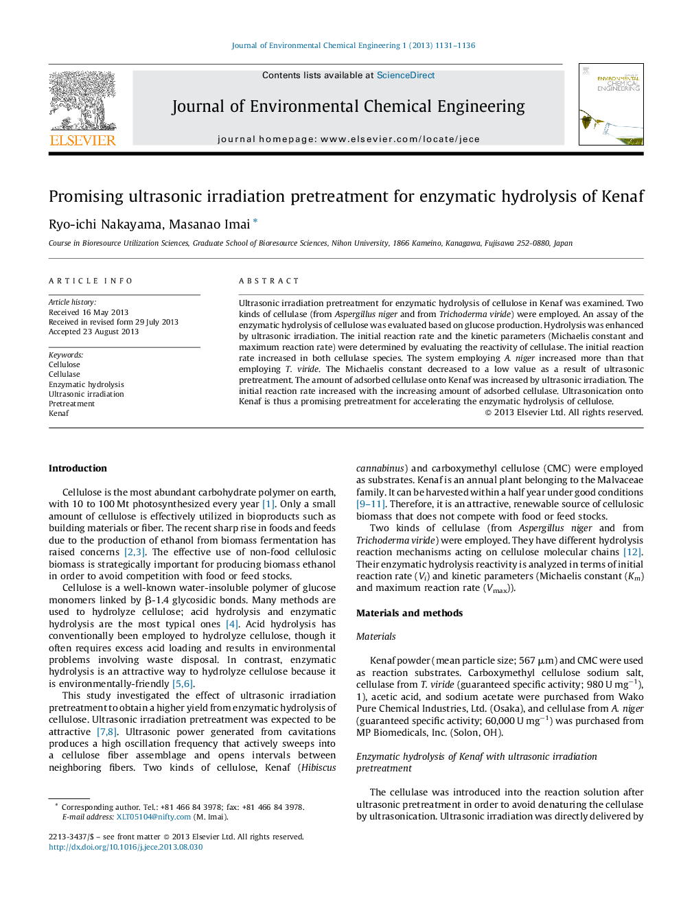 Promising ultrasonic irradiation pretreatment for enzymatic hydrolysis of Kenaf