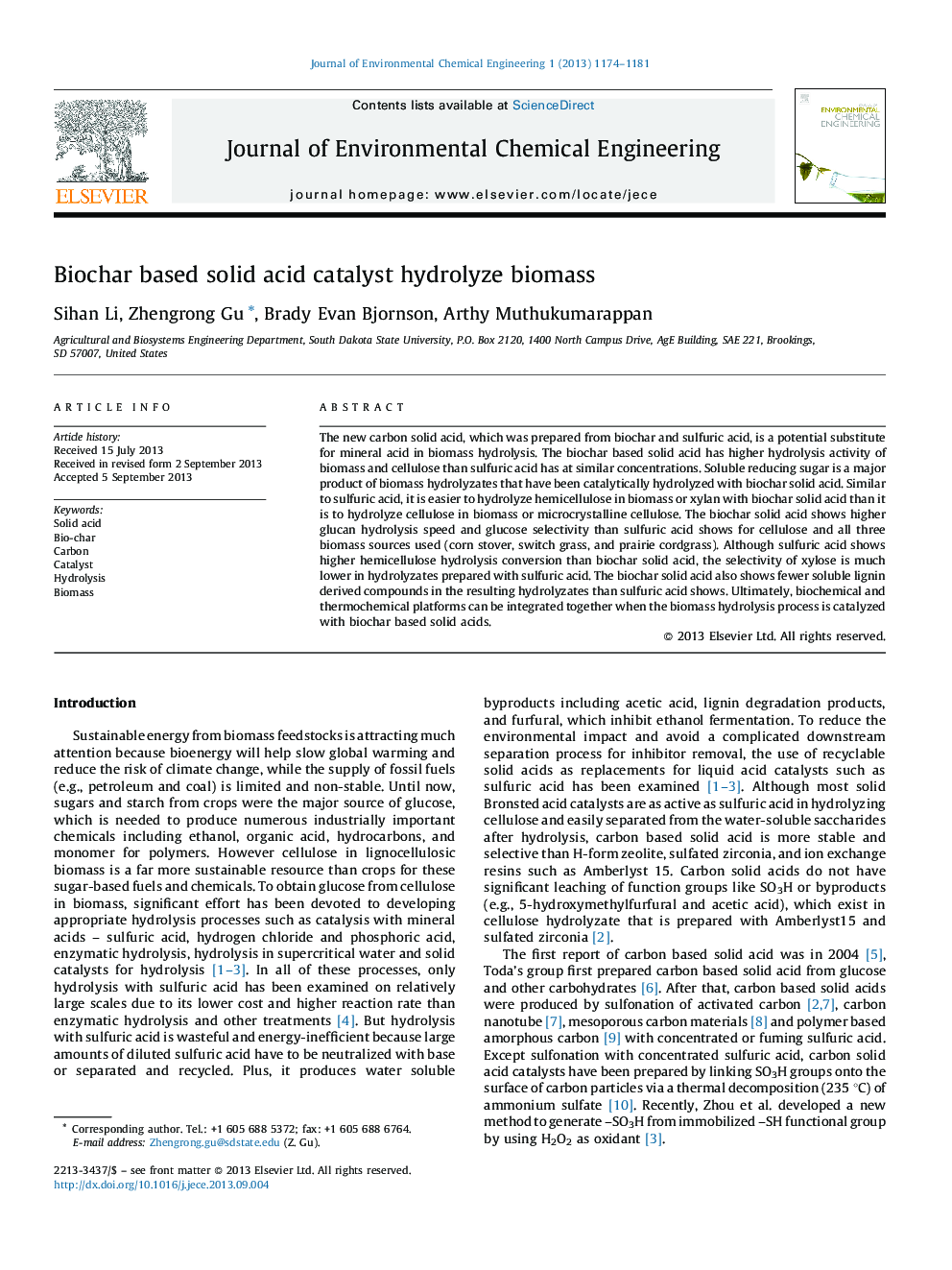 Biochar based solid acid catalyst hydrolyze biomass