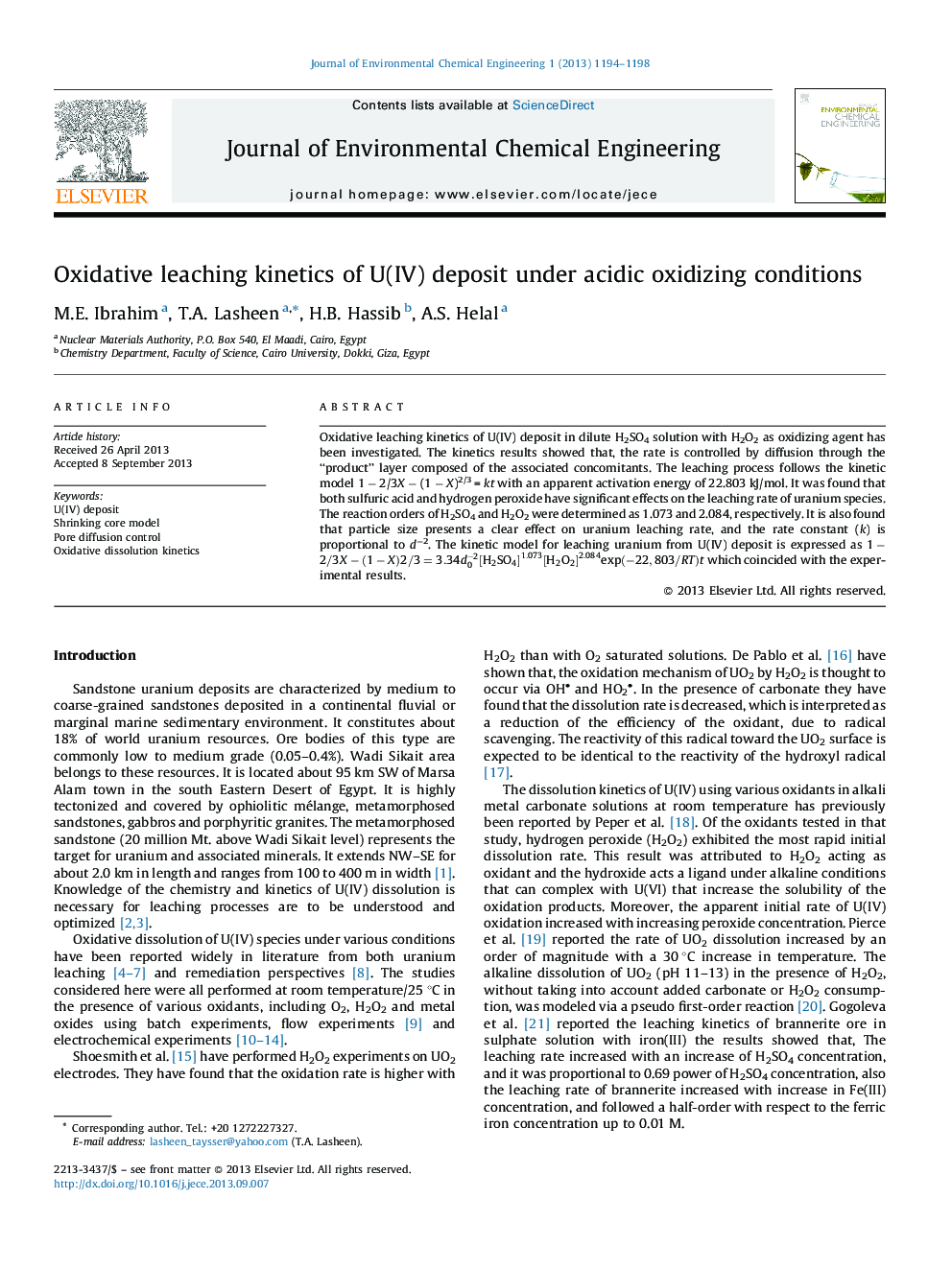 Oxidative leaching kinetics of U(IV) deposit under acidic oxidizing conditions