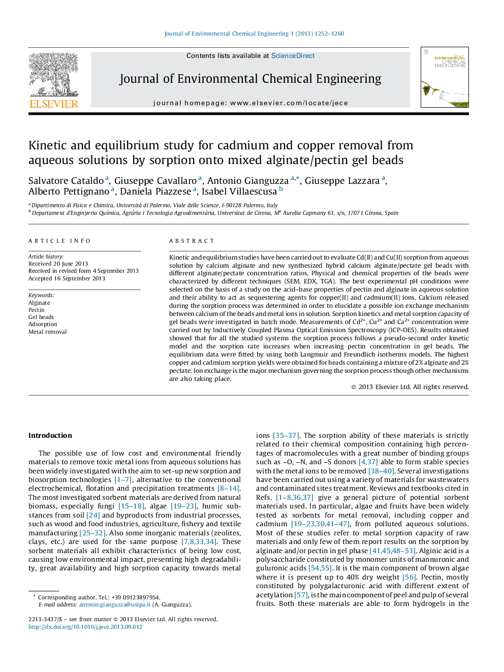 Kinetic and equilibrium study for cadmium and copper removal from aqueous solutions by sorption onto mixed alginate/pectin gel beads