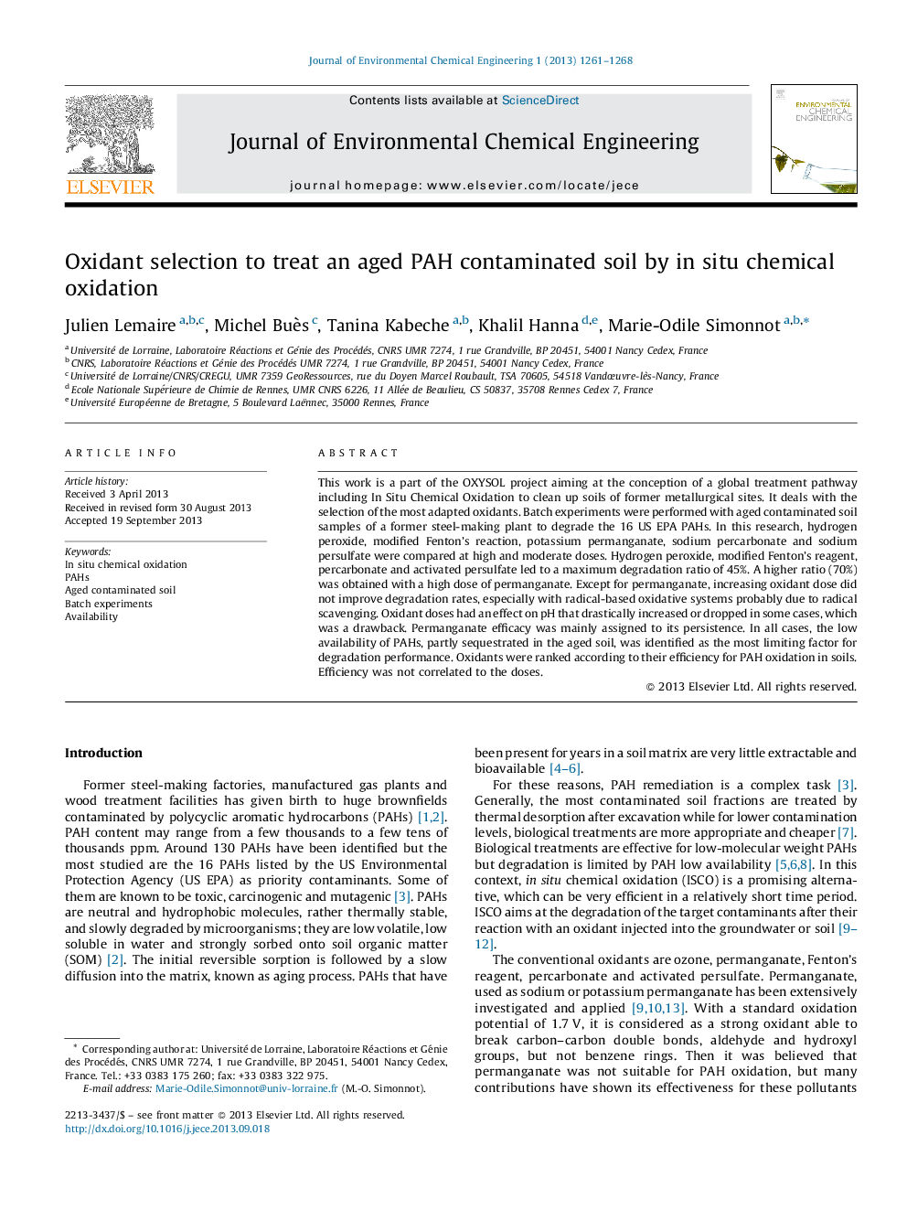 Oxidant selection to treat an aged PAH contaminated soil by in situ chemical oxidation