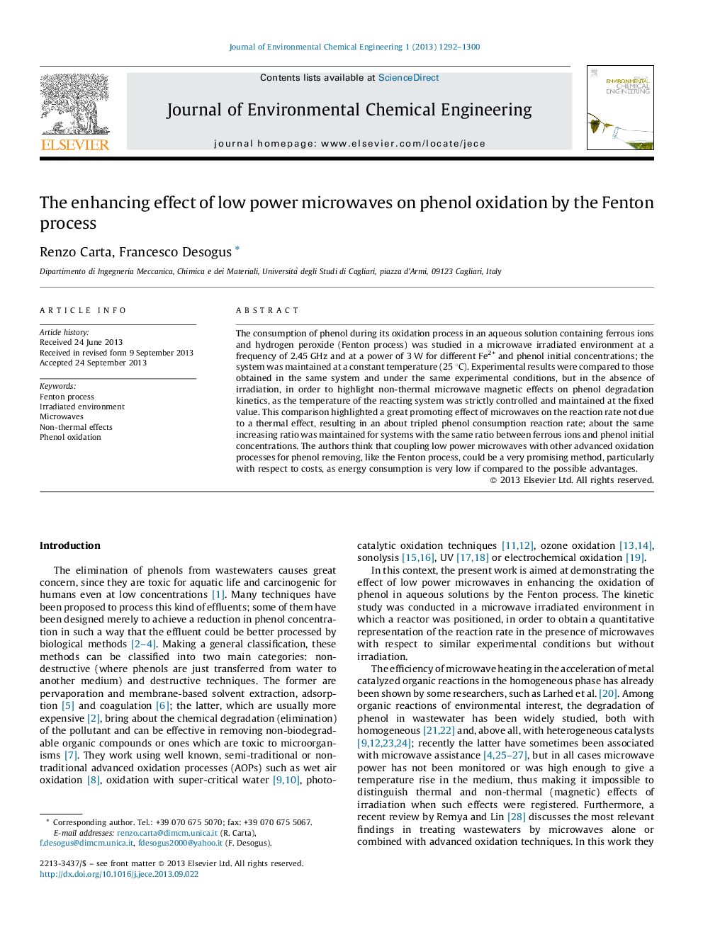 The enhancing effect of low power microwaves on phenol oxidation by the Fenton process