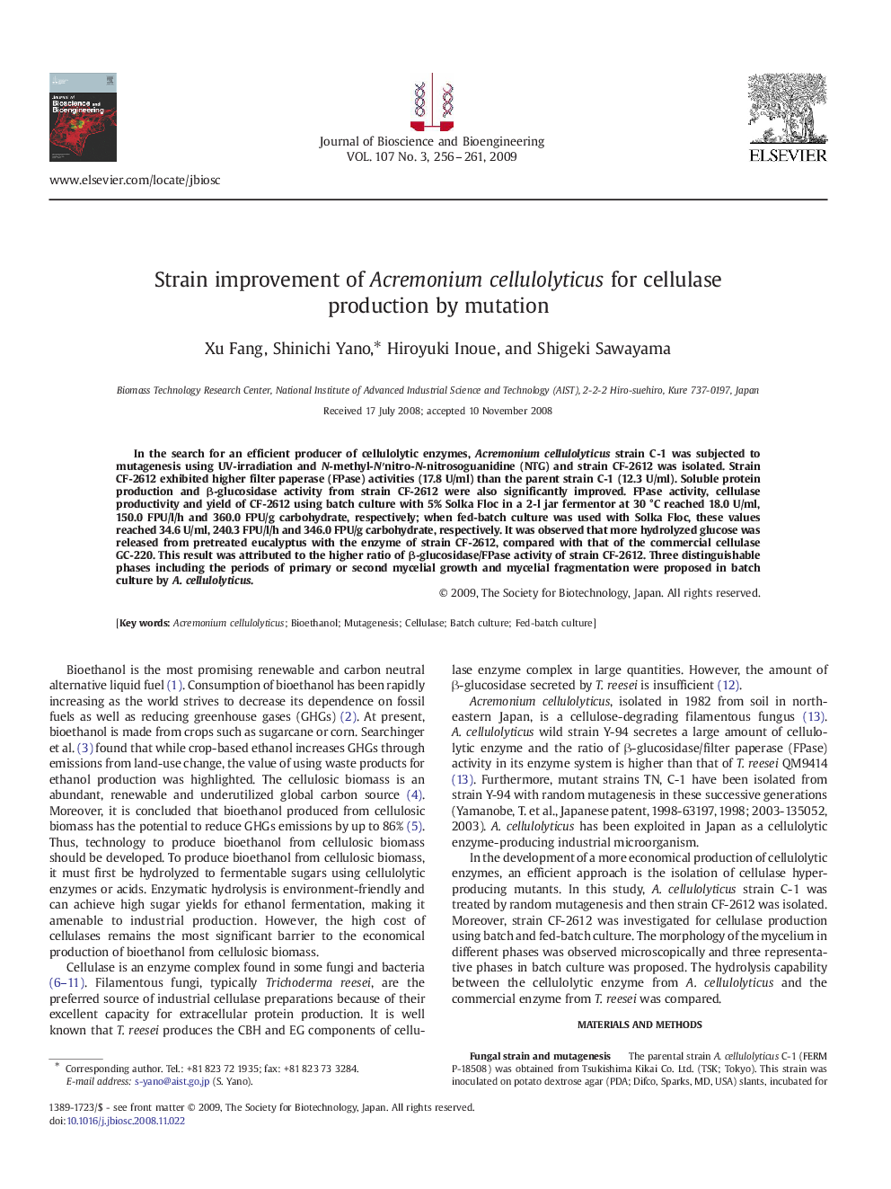 Strain improvement of Acremonium cellulolyticus for cellulase production by mutation