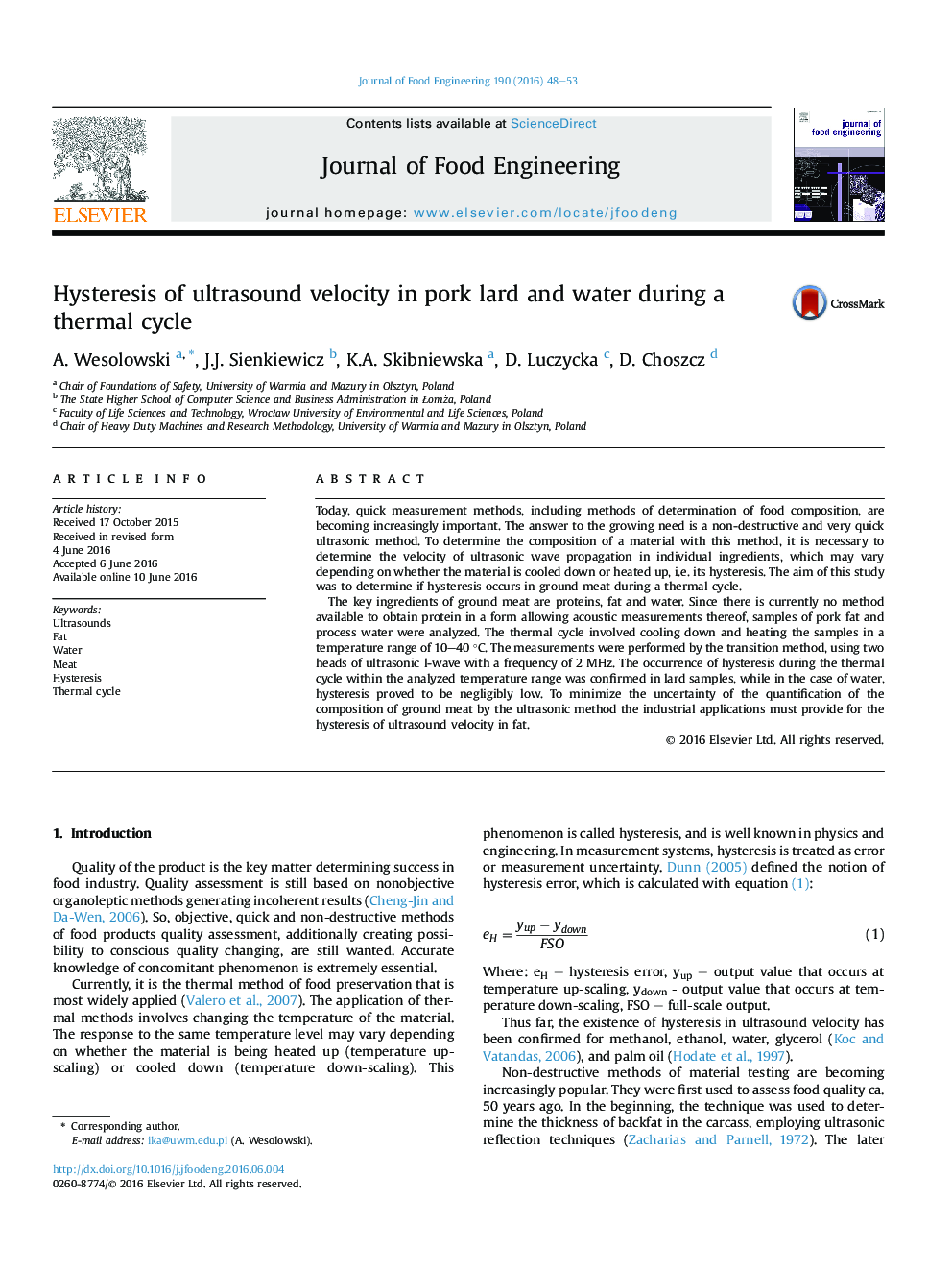 Hysteresis of ultrasound velocity in pork lard and water during a thermal cycle