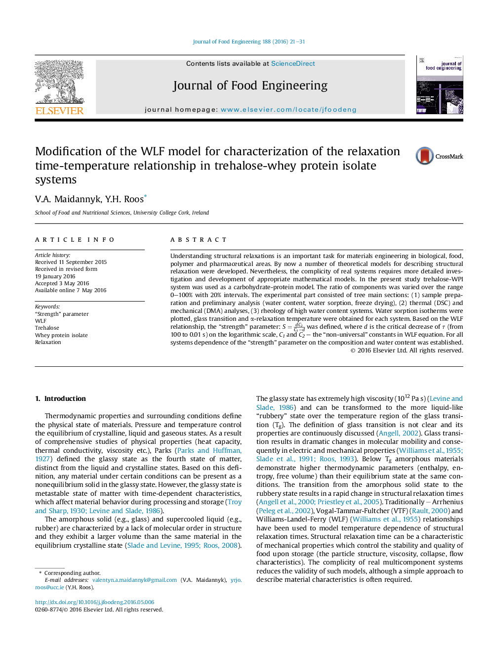 Modification of the WLF model for characterization of the relaxation time-temperature relationship in trehalose-whey protein isolate systems