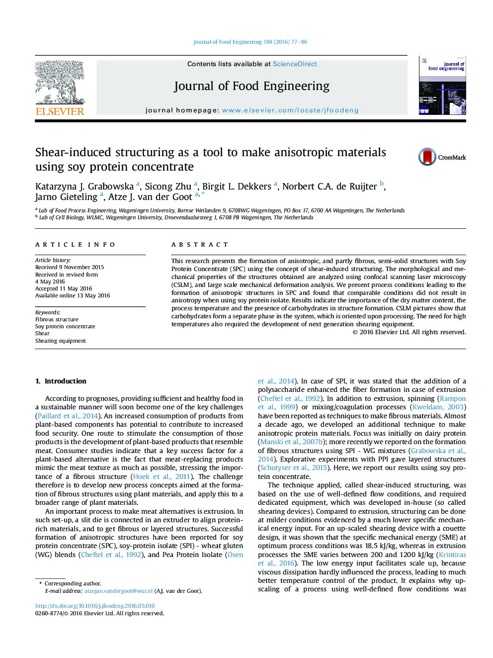 Shear-induced structuring as a tool to make anisotropic materials using soy protein concentrate