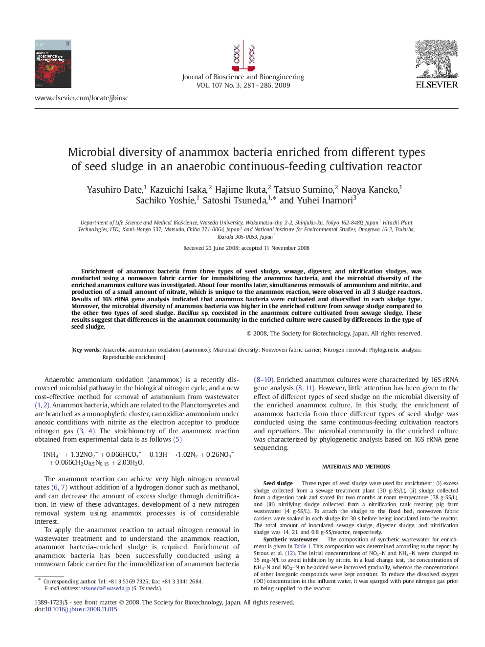 Microbial diversity of anammox bacteria enriched from different types of seed sludge in an anaerobic continuous-feeding cultivation reactor