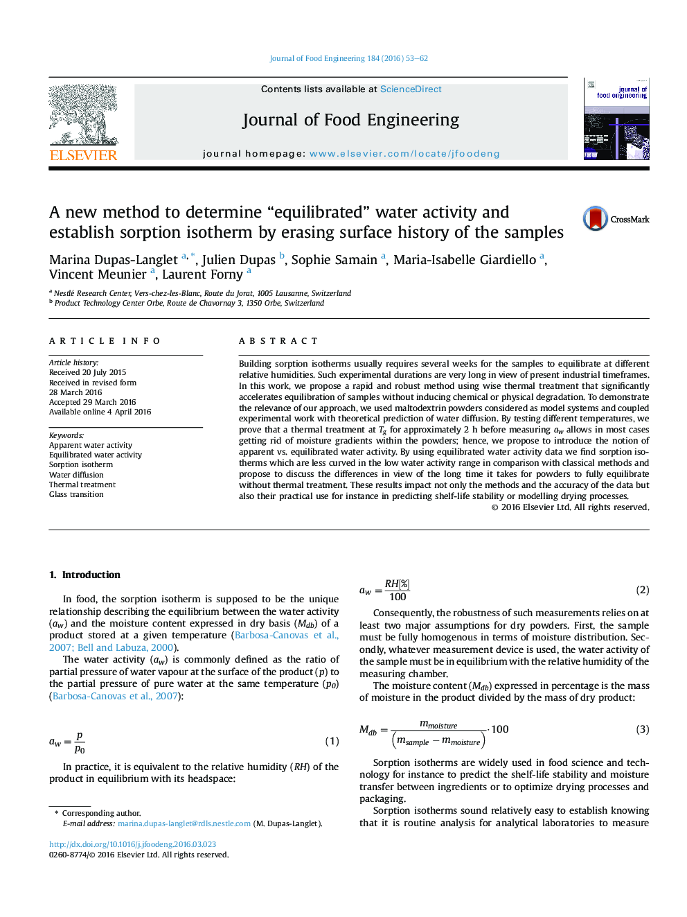 A new method to determine “equilibrated” water activity and establish sorption isotherm by erasing surface history of the samples