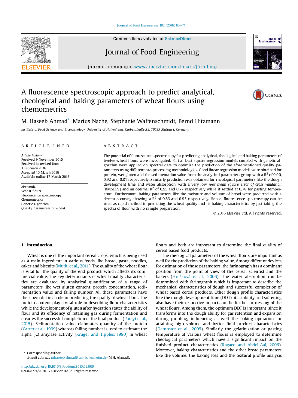 A fluorescence spectroscopic approach to predict analytical, rheological and baking parameters of wheat flours using chemometrics