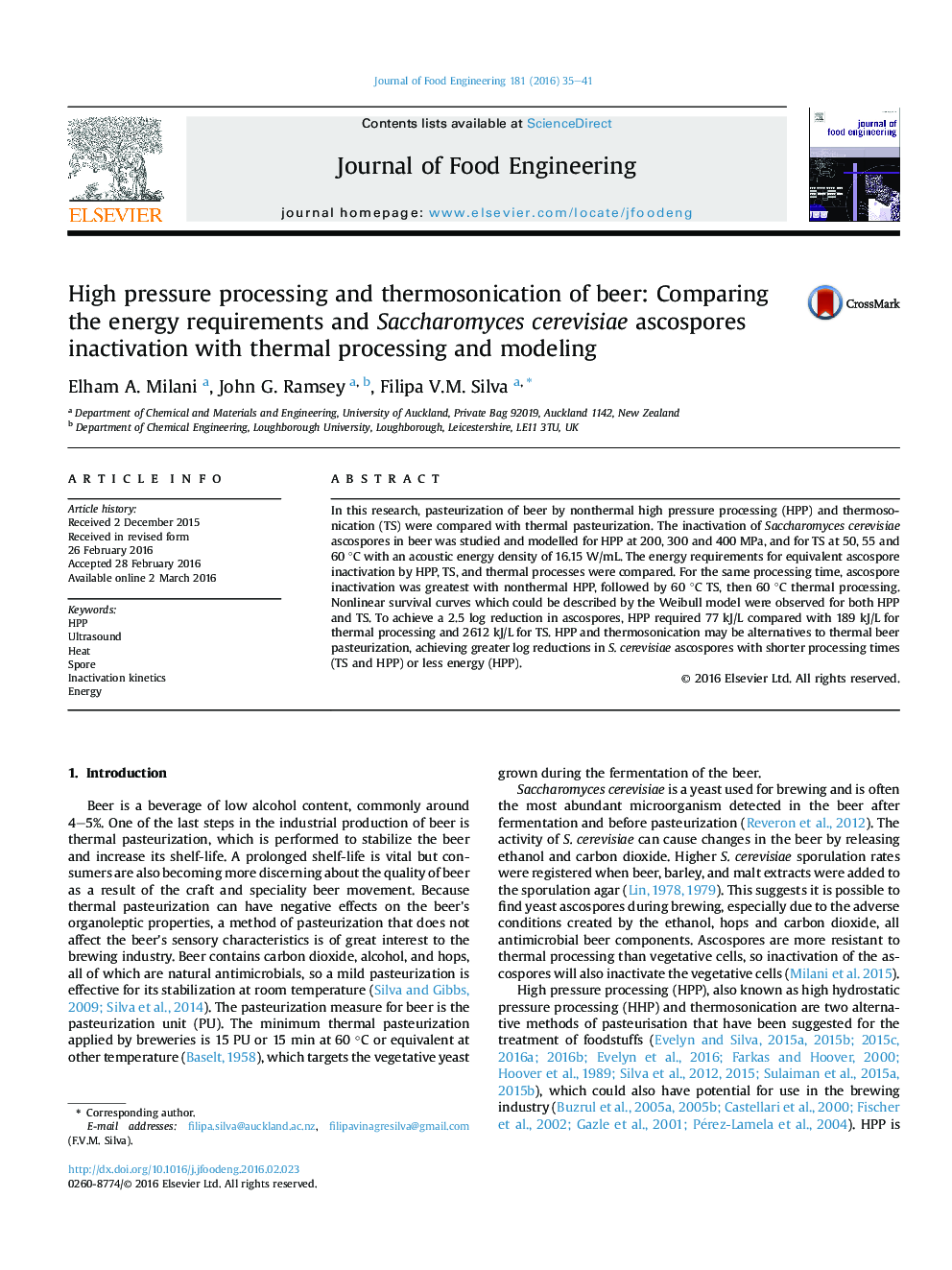 High pressure processing and thermosonication of beer: Comparing the energy requirements and Saccharomyces cerevisiae ascospores inactivation with thermal processing and modeling