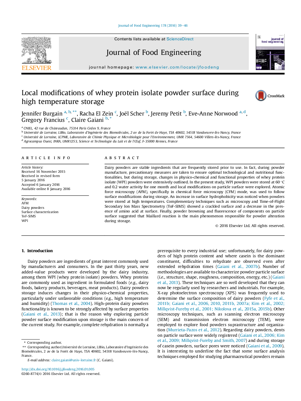 Local modifications of whey protein isolate powder surface during high temperature storage