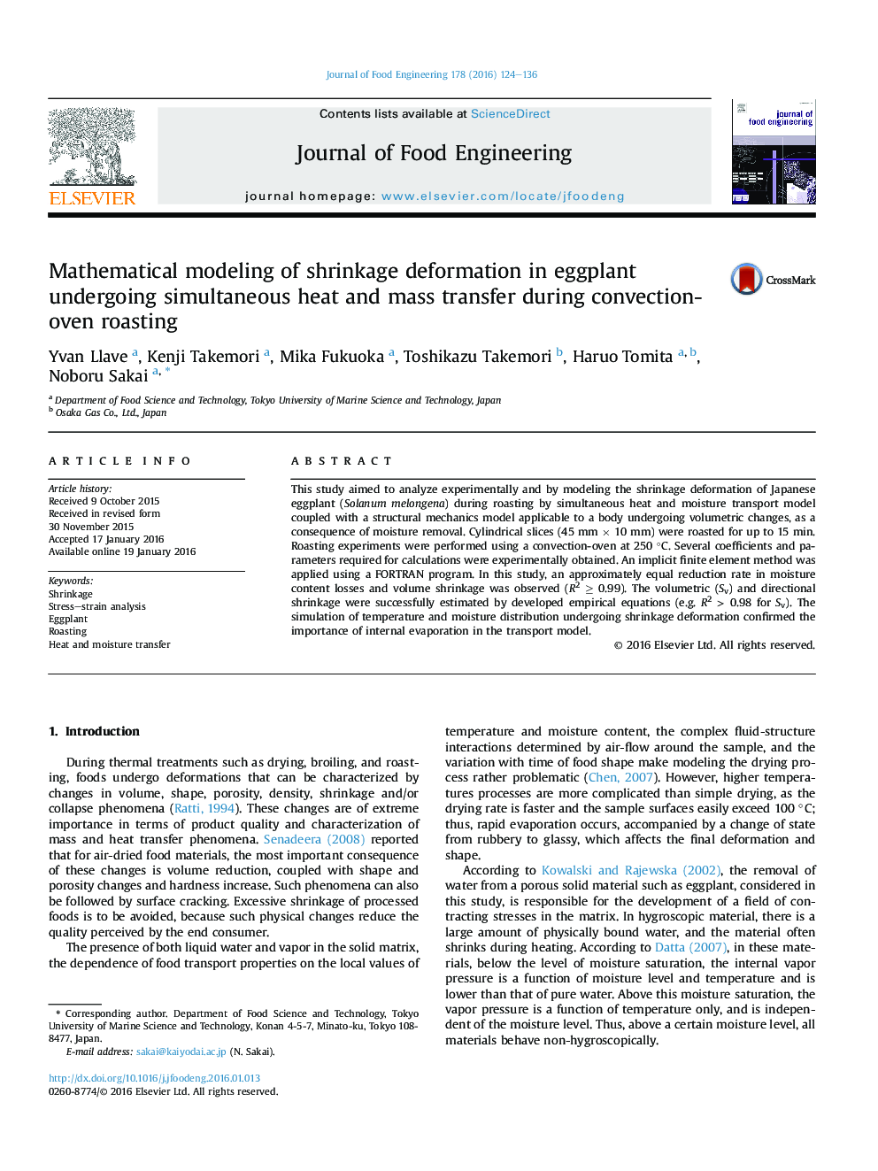 Mathematical modeling of shrinkage deformation in eggplant undergoing simultaneous heat and mass transfer during convection-oven roasting