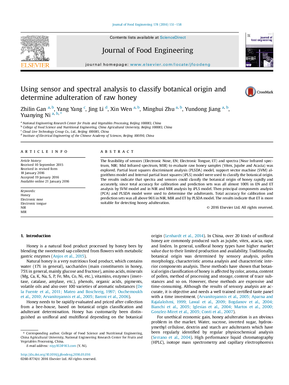 Using sensor and spectral analysis to classify botanical origin and determine adulteration of raw honey