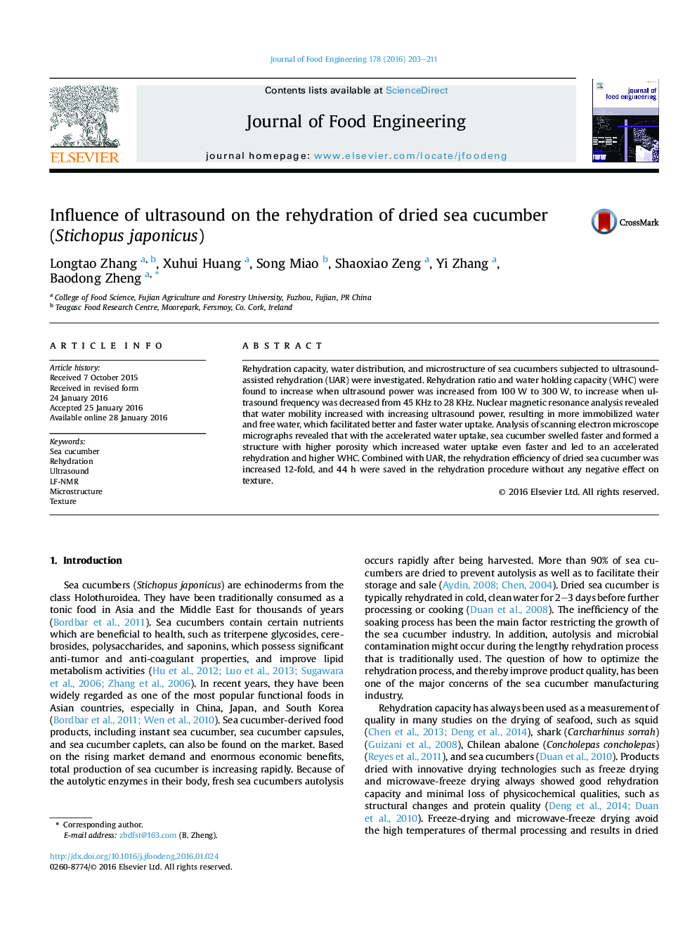 Influence of ultrasound on the rehydration of dried sea cucumber (Stichopus japonicus)