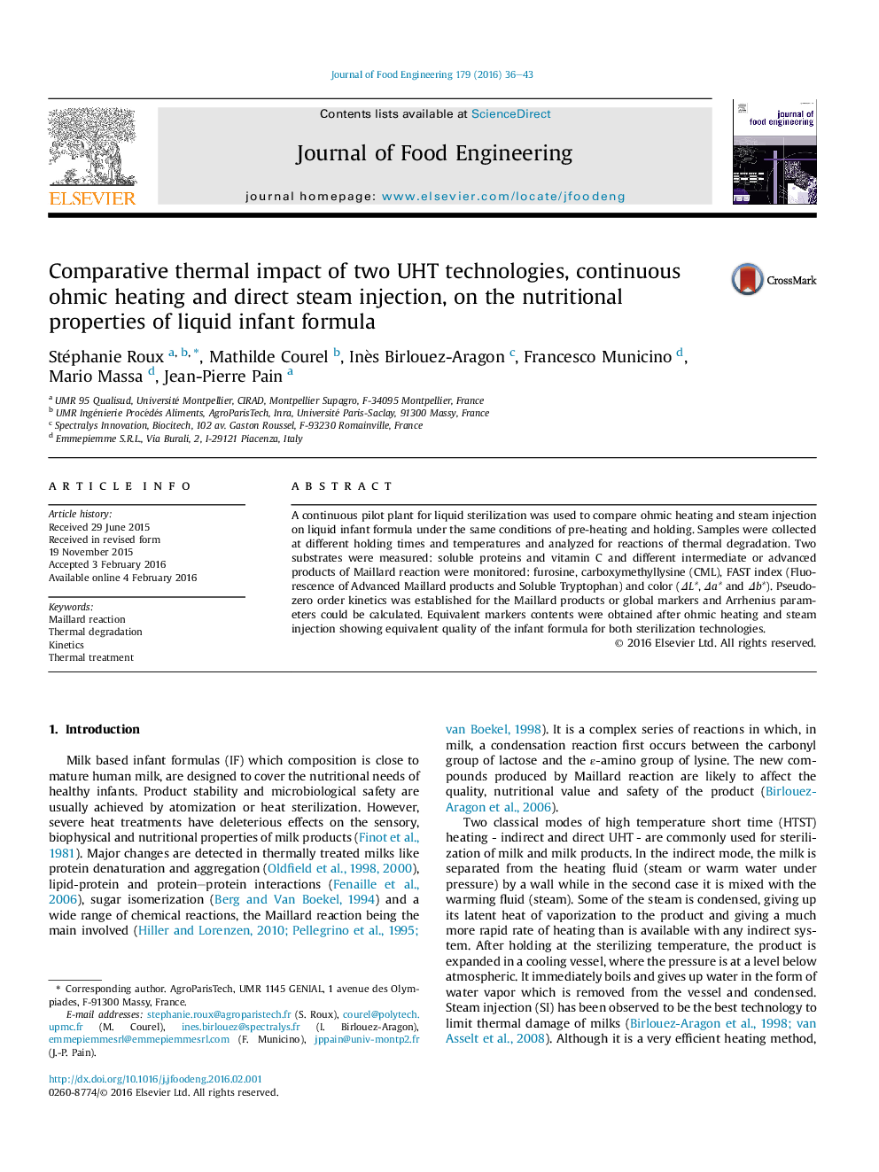 Comparative thermal impact of two UHT technologies, continuous ohmic heating and direct steam injection, on the nutritional properties of liquid infant formula